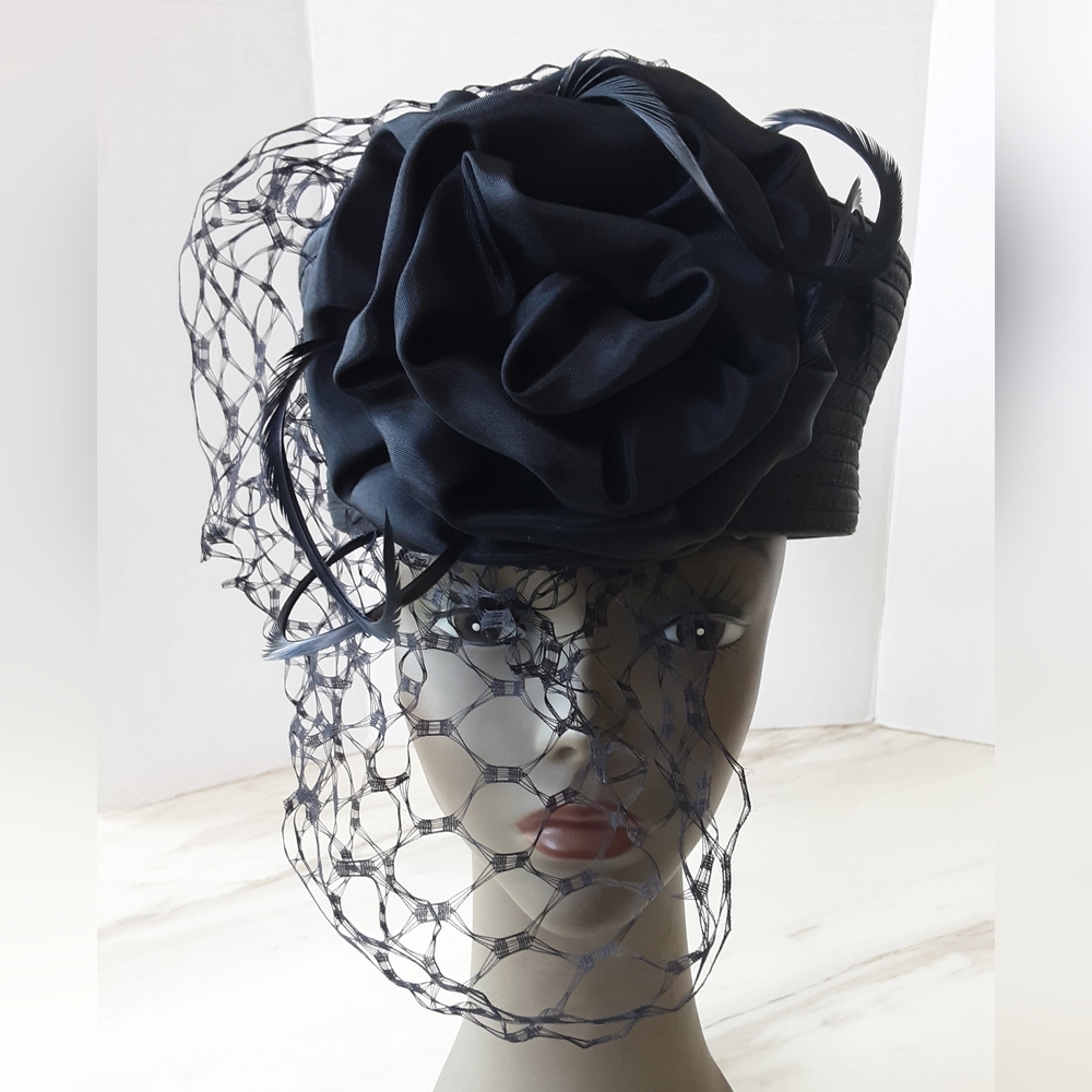 KAKYCO Black Satin Pillbox Veil | Feathers Fascinator Hat - Vtg